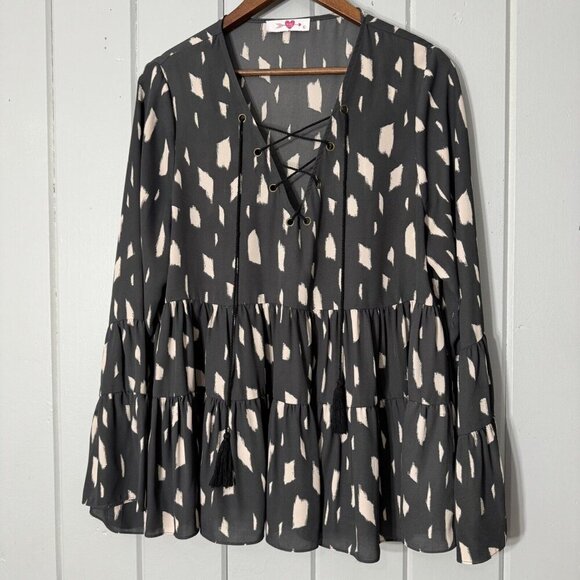 Buddy Love‎ Boho Gray Pink Top Blouse Lace Up Front Flare Bell Sleeves Size L - Picture 1 of 11